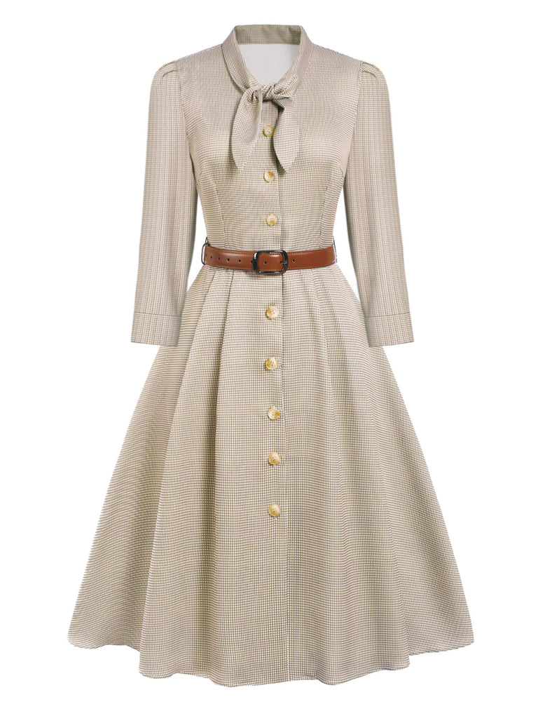 [Pre-Sale] Brown 1940s Small Windowpane Plaid Long Sleeve Dress