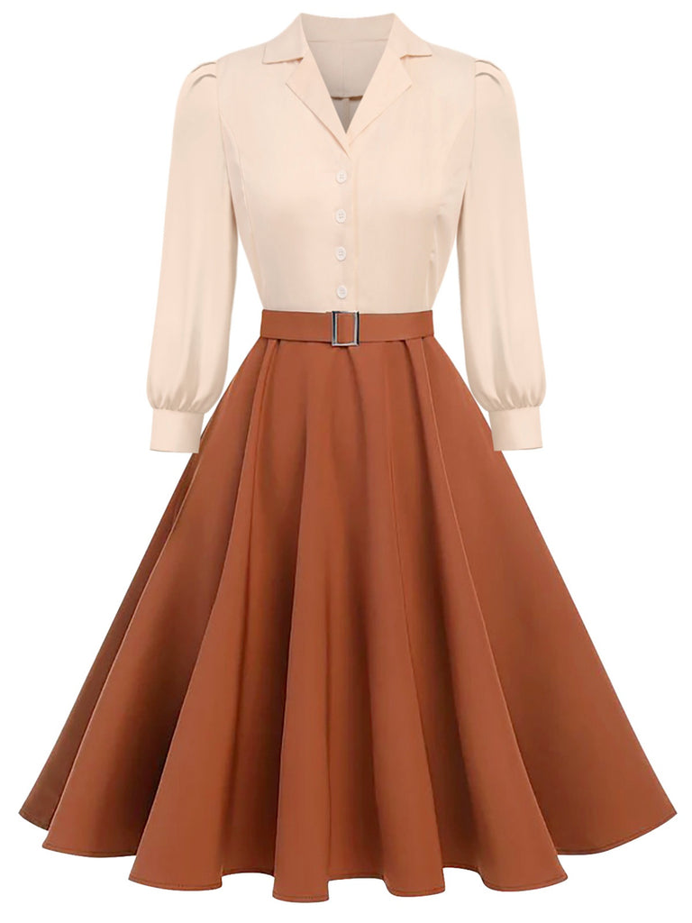 [Pre-Sale] Khaki 1950s Colorblock Long Sleeve Button Dress