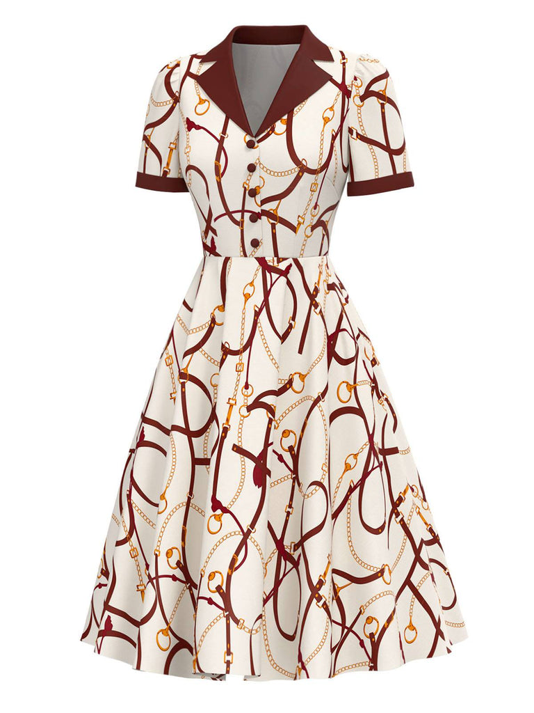 [Pre-Sale] Brown 1940s Notched Collar Chains Print Dress
