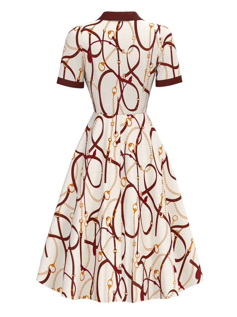 [Pre-Sale] Brown 1940s Notched Collar Chains Print Dress