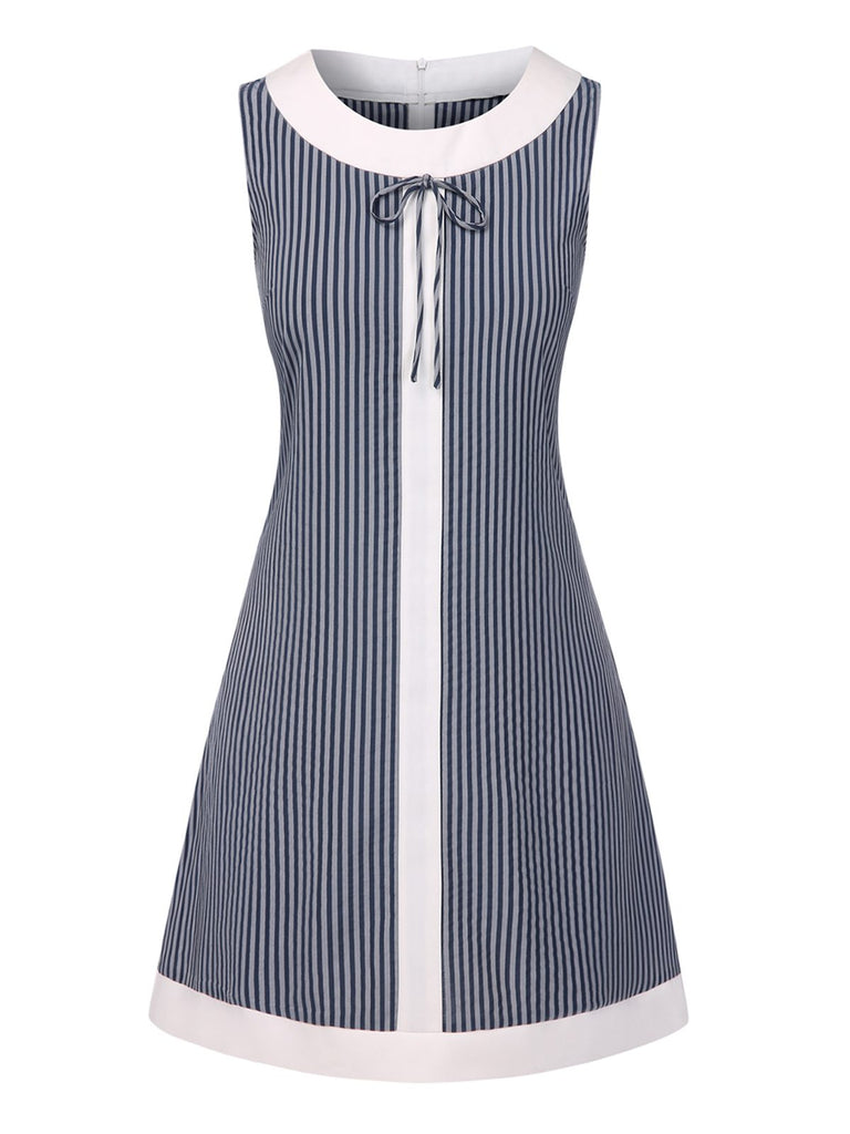 [Pre-Sale] Blue Grey 1960s A-Line Stripe Bow Dress