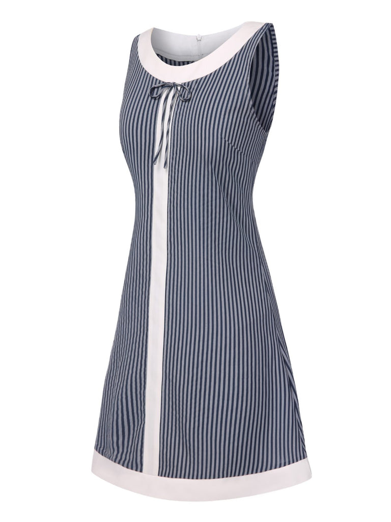 [Pre-Sale] Blue Grey 1960s A-Line Stripe Bow Dress