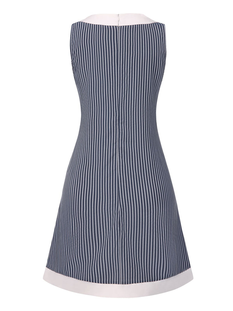 [Pre-Sale] Blue Grey 1960s A-Line Stripe Bow Dress