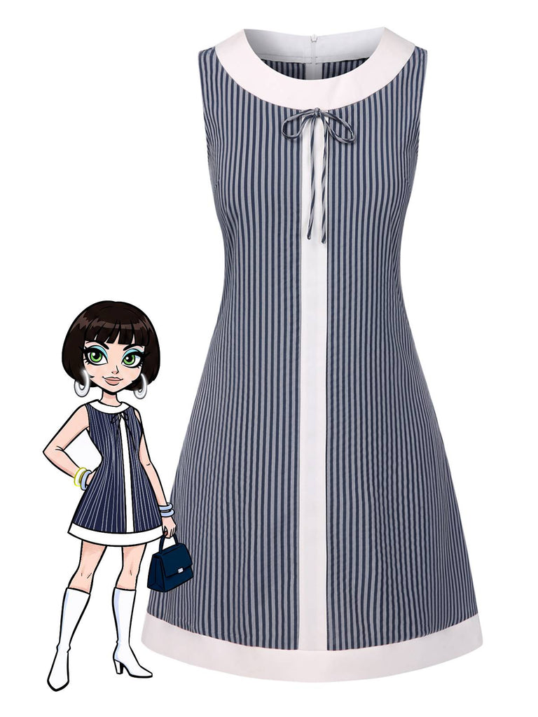 [Pre-Sale] Blue Grey 1960s A-Line Stripe Bow Dress