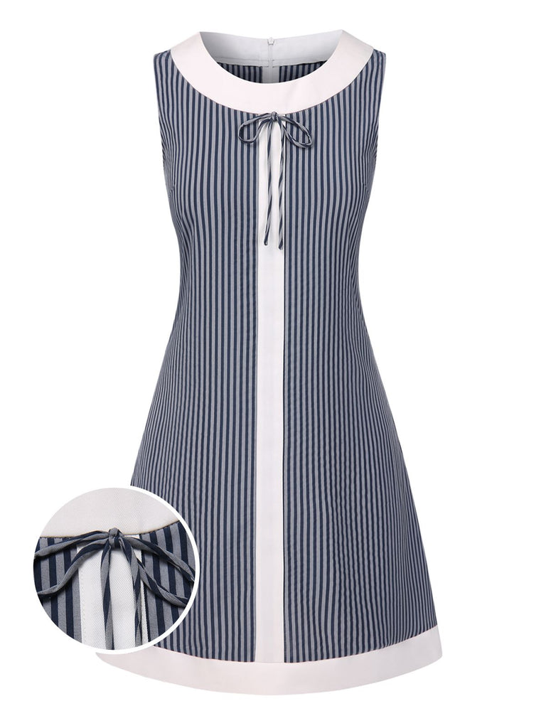 [Pre-Sale] Blue Grey 1960s A-Line Stripe Bow Dress