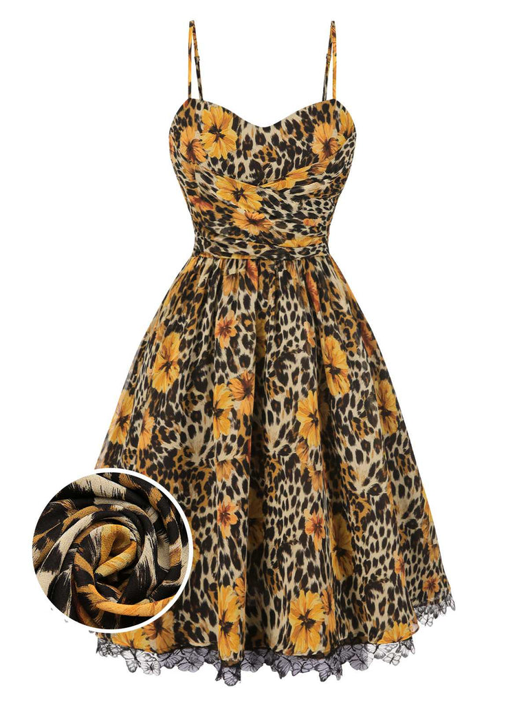1950s Slip Leopard Sunflower Butterflies Lace Dress
