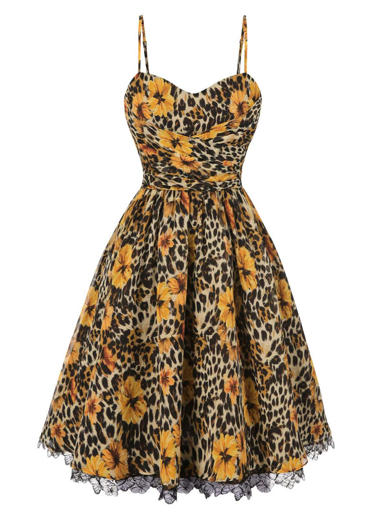 1950s Slip Leopard Sunflower Butterflies Lace Dress