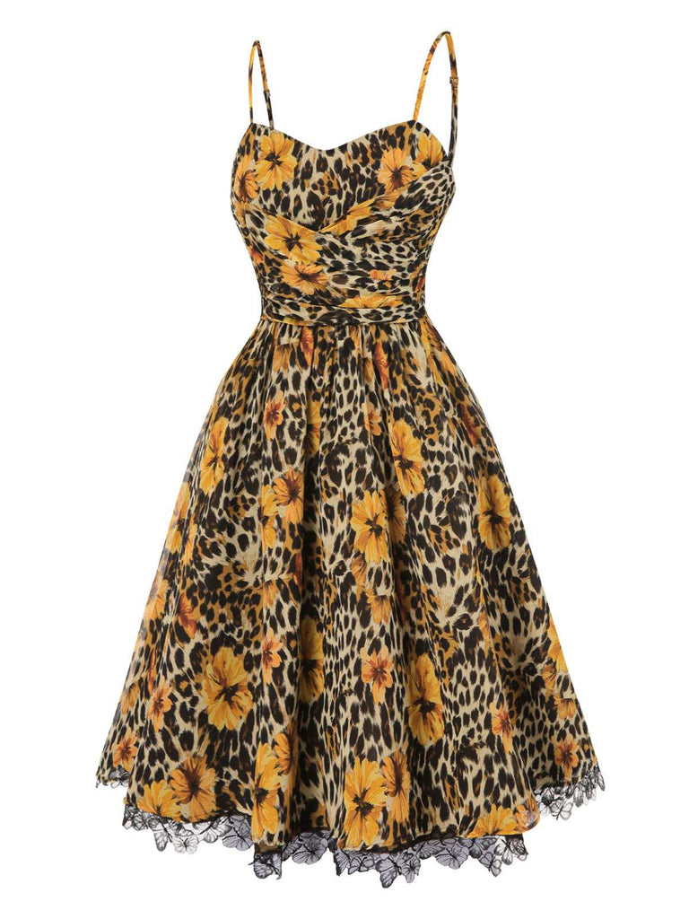 1950s Slip Leopard Sunflower Butterflies Lace Dress