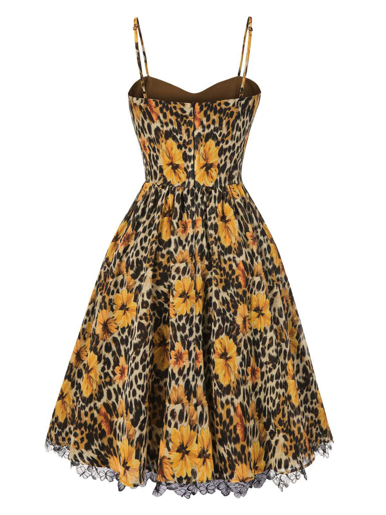 1950s Slip Leopard Sunflower Butterflies Lace Dress