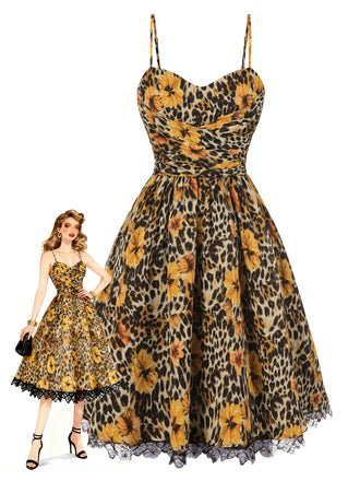 [Pre-Sale] 1950s Slip Leopard Sunflower Butterflies Lace Dress