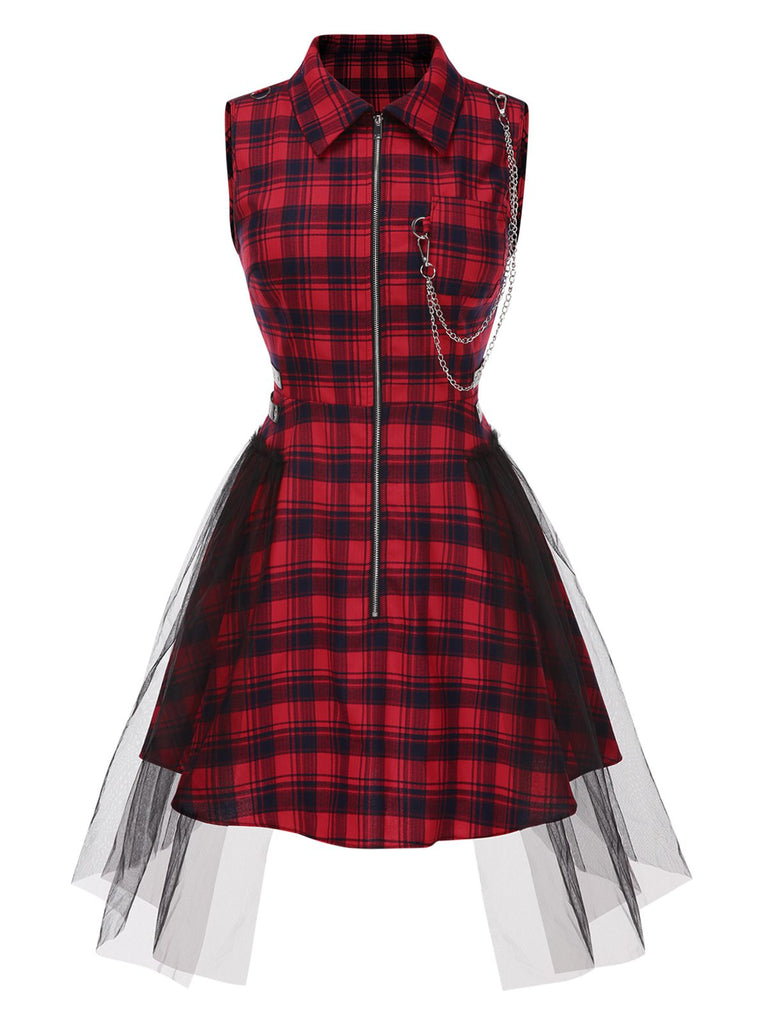[Pre-Sale] Red 1980s Punk Lapel Mesh Skirt Tartan Dress