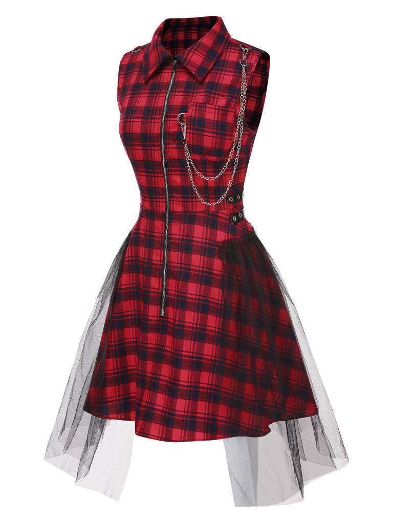 [Pre-Sale] Red 1980s Punk Lapel Mesh Skirt Tartan Dress