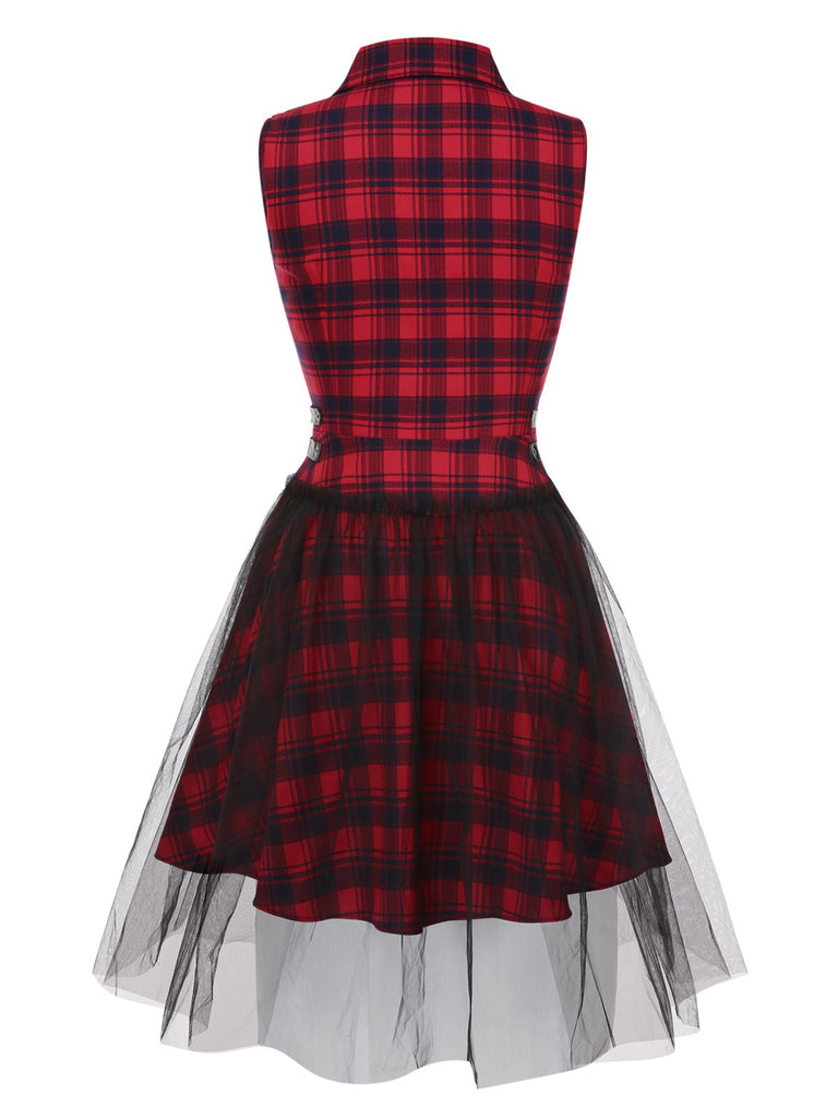 [Pre-Sale] Red 1980s Punk Lapel Mesh Skirt Tartan Dress