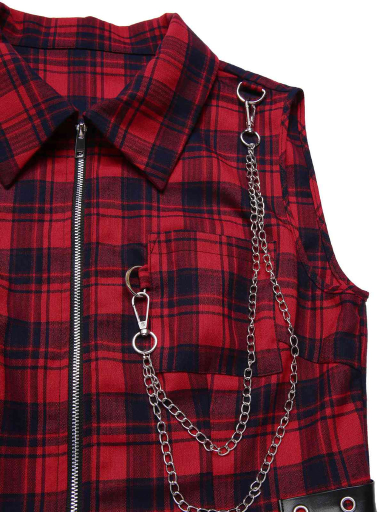 [Pre-Sale] Red 1980s Punk Lapel Mesh Skirt Tartan Dress