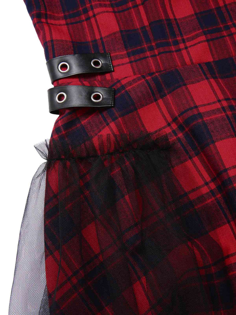 [Pre-Sale] Red 1980s Punk Lapel Mesh Skirt Tartan Dress