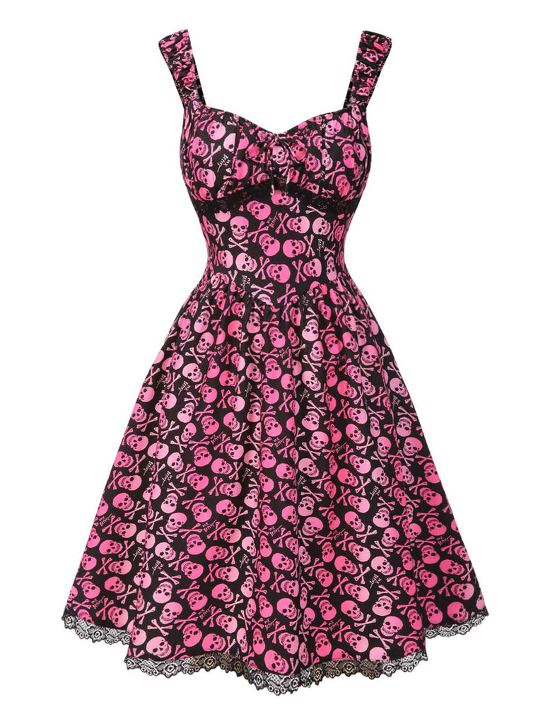 [Pre-Sale] Pink 1950s Halloween Skull Lace Patchwork Dress