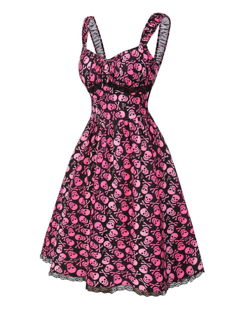 [Pre-Sale] Pink 1950s Halloween Skull Lace Patchwork Dress