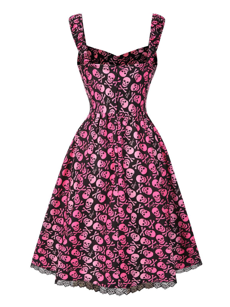 [Pre-Sale] Pink 1950s Halloween Skull Lace Patchwork Dress