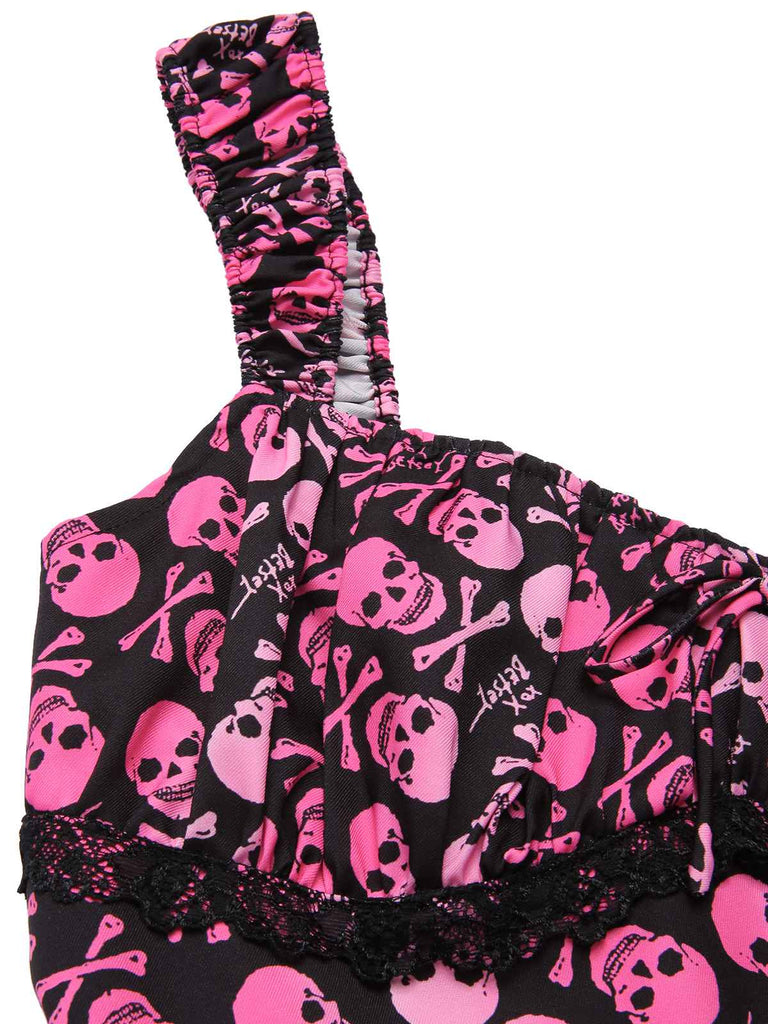[Pre-Sale] Pink 1950s Halloween Skull Lace Patchwork Dress