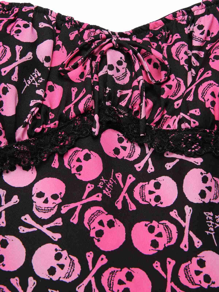 [Pre-Sale] Pink 1950s Halloween Skull Lace Patchwork Dress