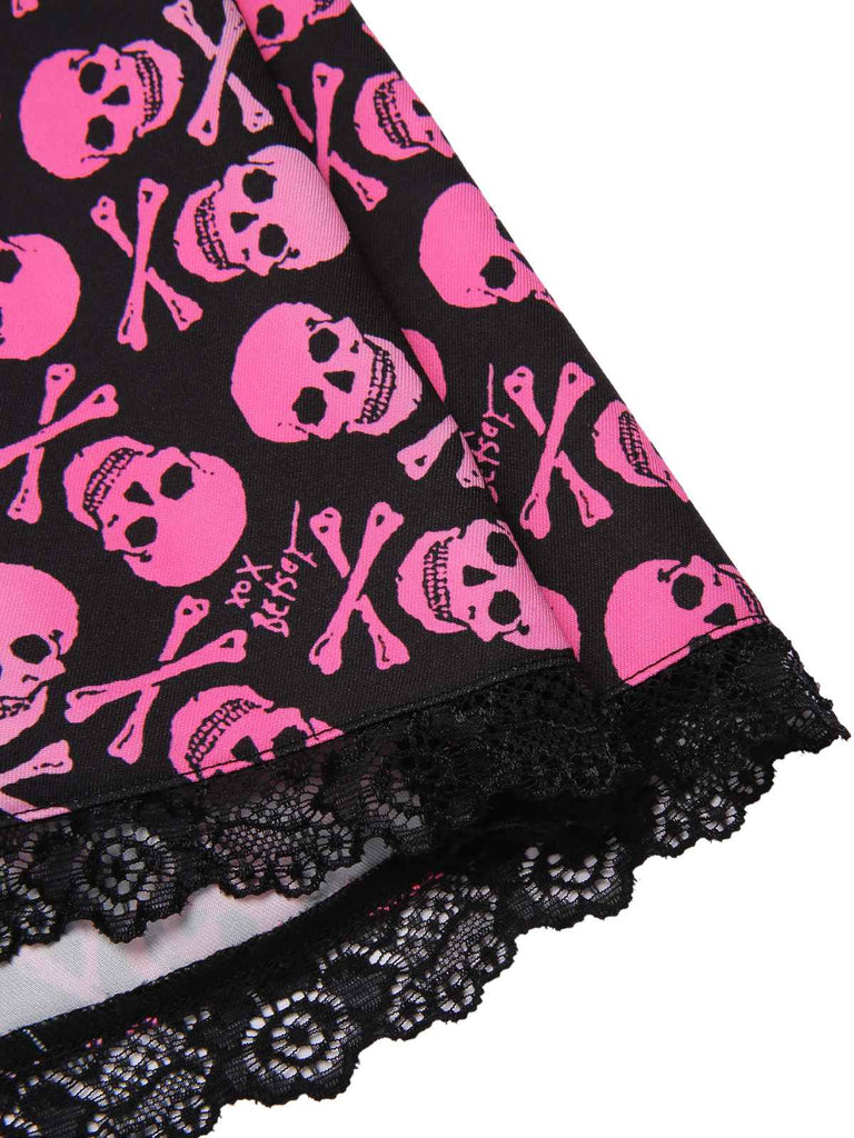 [Pre-Sale] Pink 1950s Halloween Skull Lace Patchwork Dress