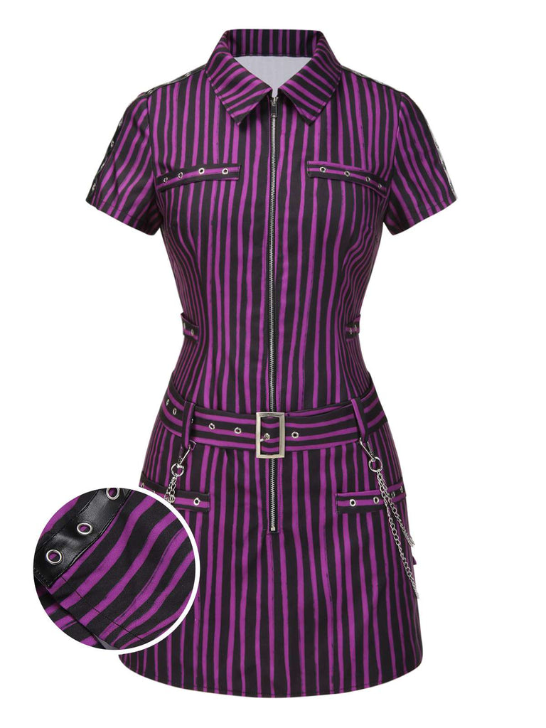 [Pre-Sale] Purple 1940s Gothic Striped Chains Belted Mini Dress