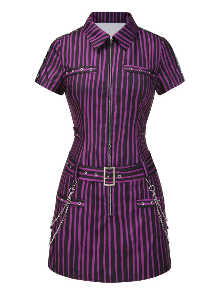 [Pre-Sale] Purple 1940s Gothic Striped Chains Belted Mini Dress