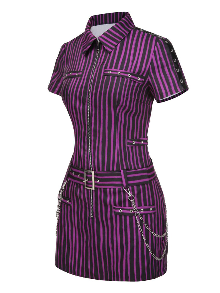 [Pre-Sale] Purple 1940s Gothic Striped Chains Belted Mini Dress