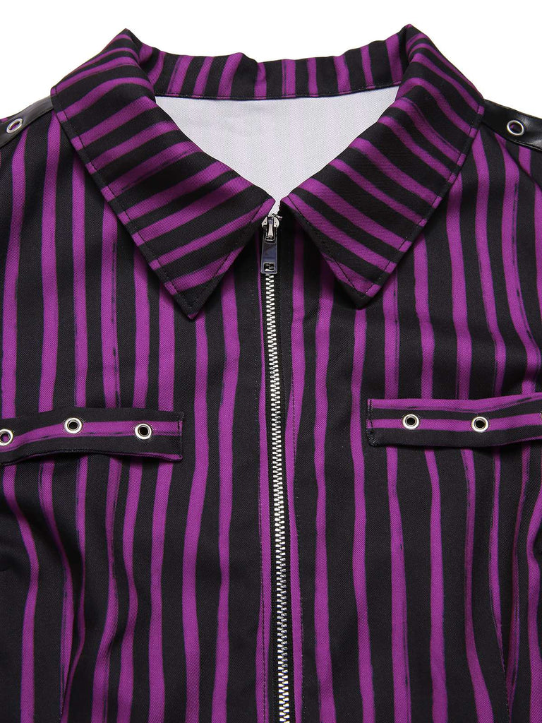 [Pre-Sale] Purple 1940s Gothic Striped Chains Belted Mini Dress