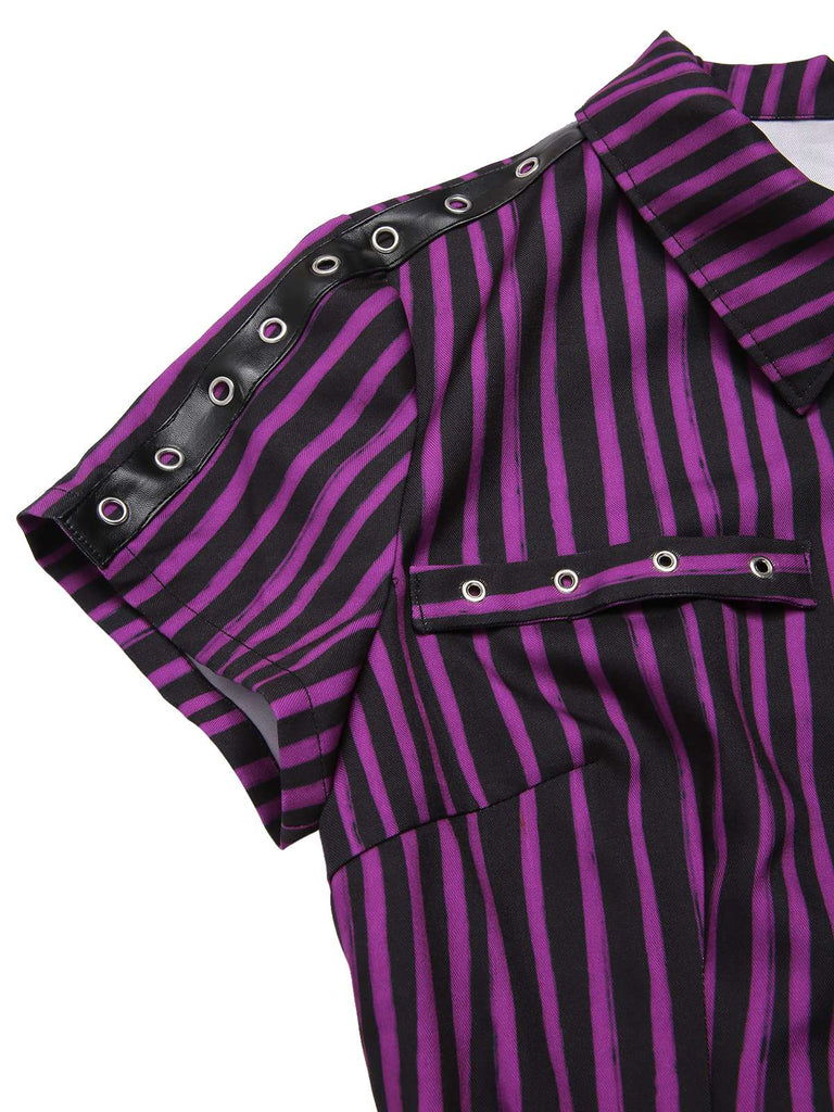 [Pre-Sale] Purple 1940s Gothic Striped Chains Belted Mini Dress