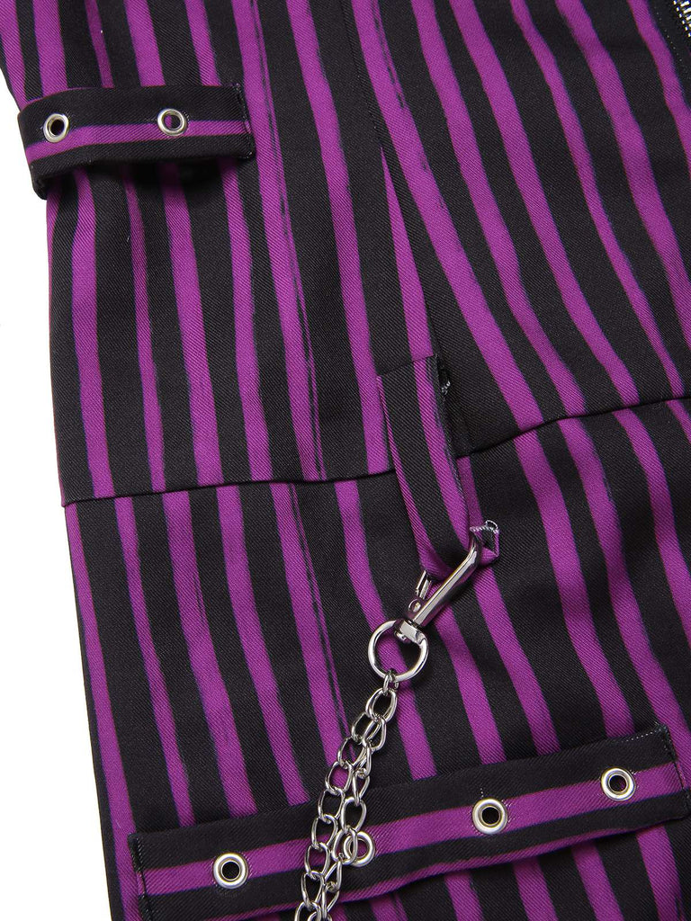 [Pre-Sale] Purple 1940s Gothic Striped Chains Belted Mini Dress