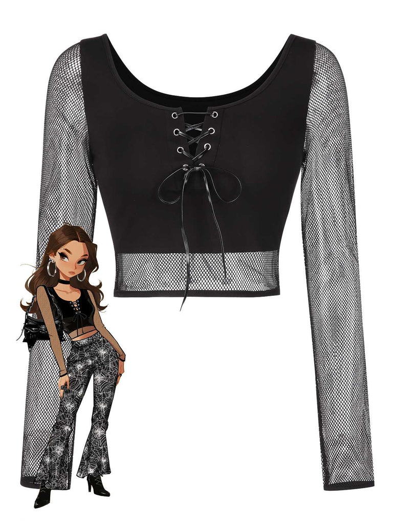 [Pre-Sale] Black 1960s Fishnet Lace-Up Crop Top