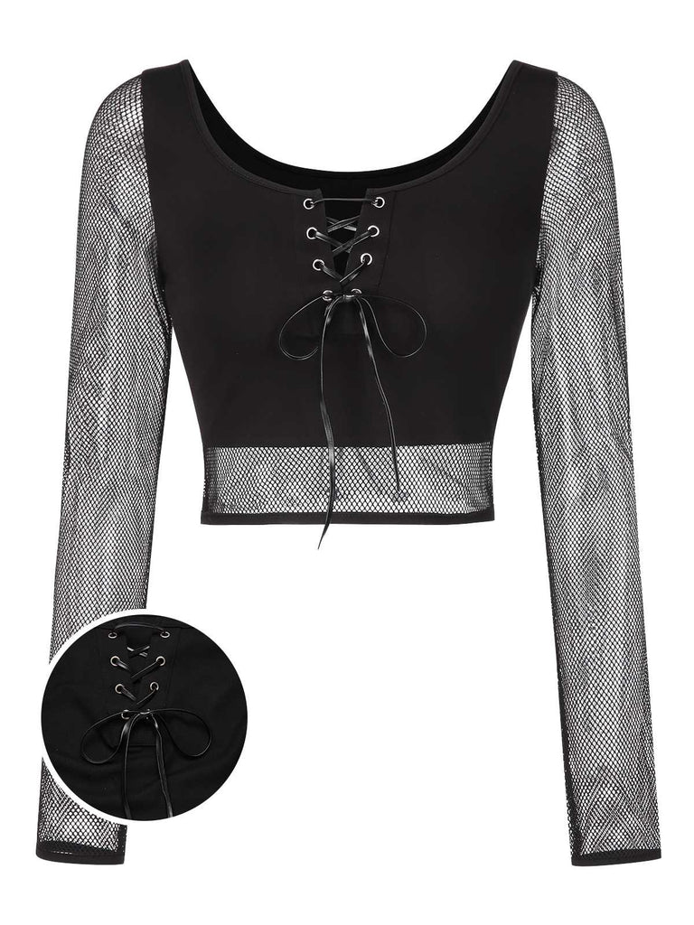 [Pre-Sale] Black 1960s Fishnet Lace-Up Crop Top