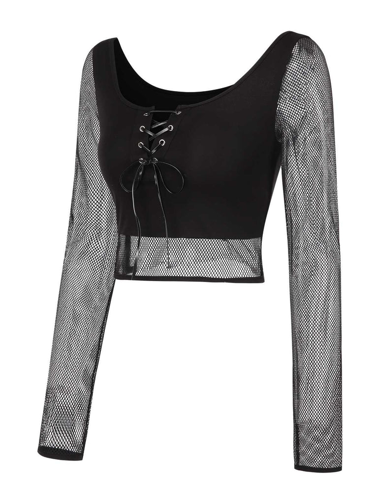 [Pre-Sale] Black 1960s Fishnet Lace-Up Crop Top