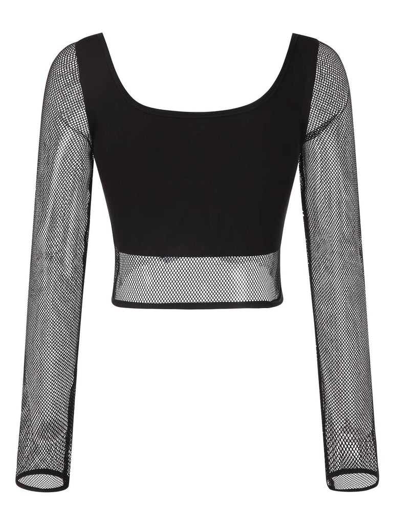 [Pre-Sale] Black 1960s Fishnet Lace-Up Crop Top