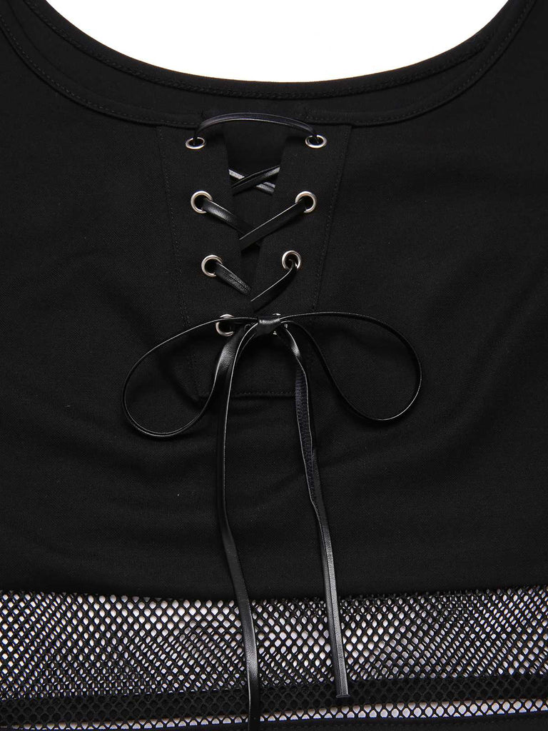 [Pre-Sale] Black 1960s Fishnet Lace-Up Crop Top