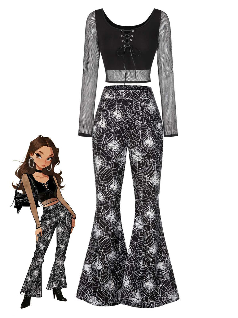 [Pre-Sale] 2PCS Halloween 1960s Fishnet Top & Spiderweb Flared Pants