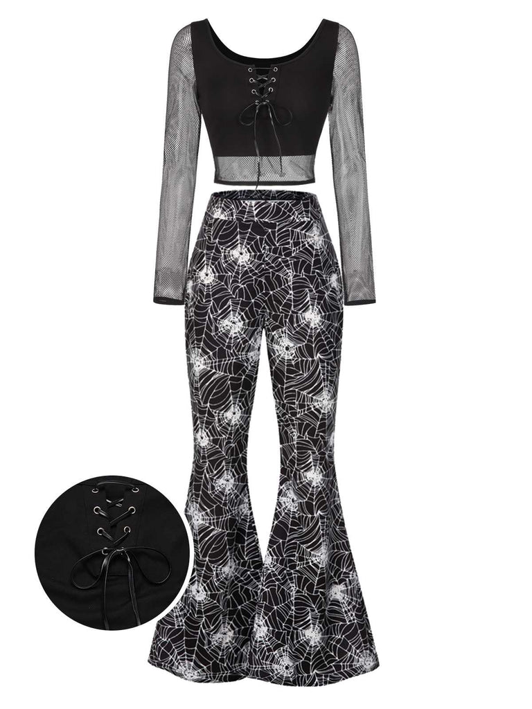 [Pre-Sale] 2PCS Halloween 1960s Fishnet Top & Spiderweb Flared Pants