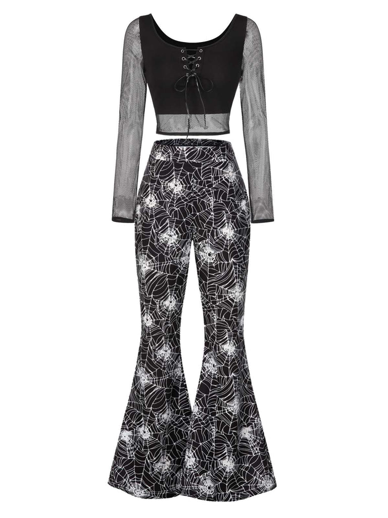 [Pre-Sale] 2PCS Halloween 1960s Fishnet Top & Spiderweb Flared Pants