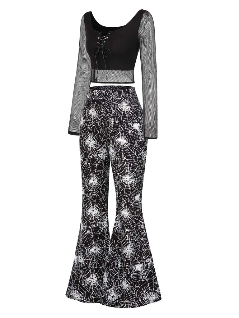 [Pre-Sale] 2PCS Halloween 1960s Fishnet Top & Spiderweb Flared Pants