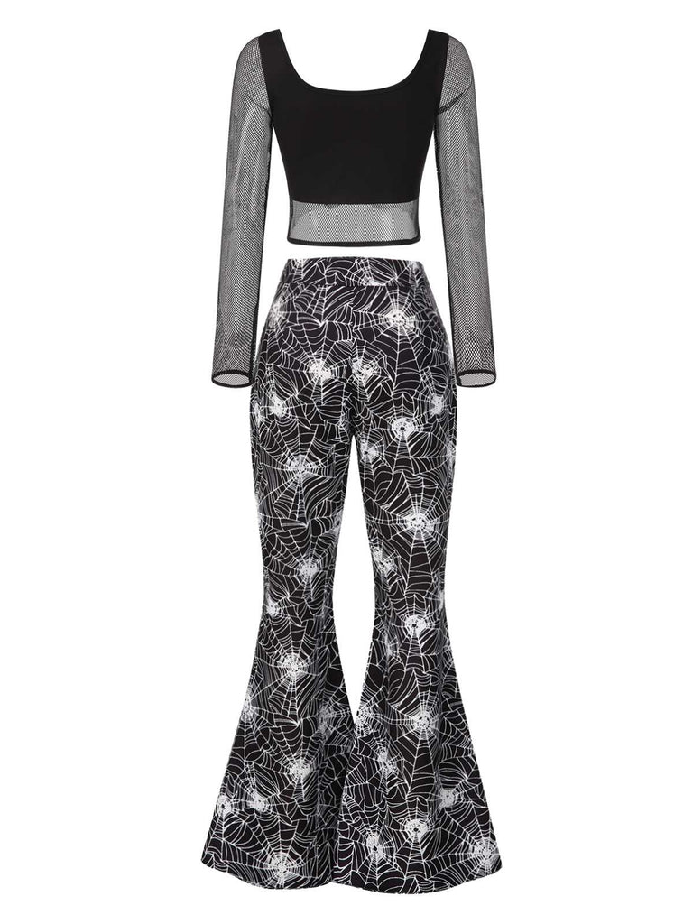 [Pre-Sale] 2PCS Halloween 1960s Fishnet Top & Spiderweb Flared Pants