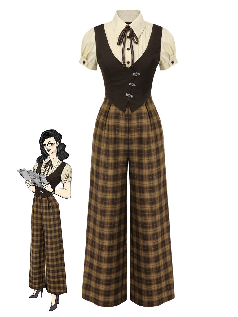[Pre-Sale] Brown 1930s Fake 3PCS Bow Plaid Jumpsuit