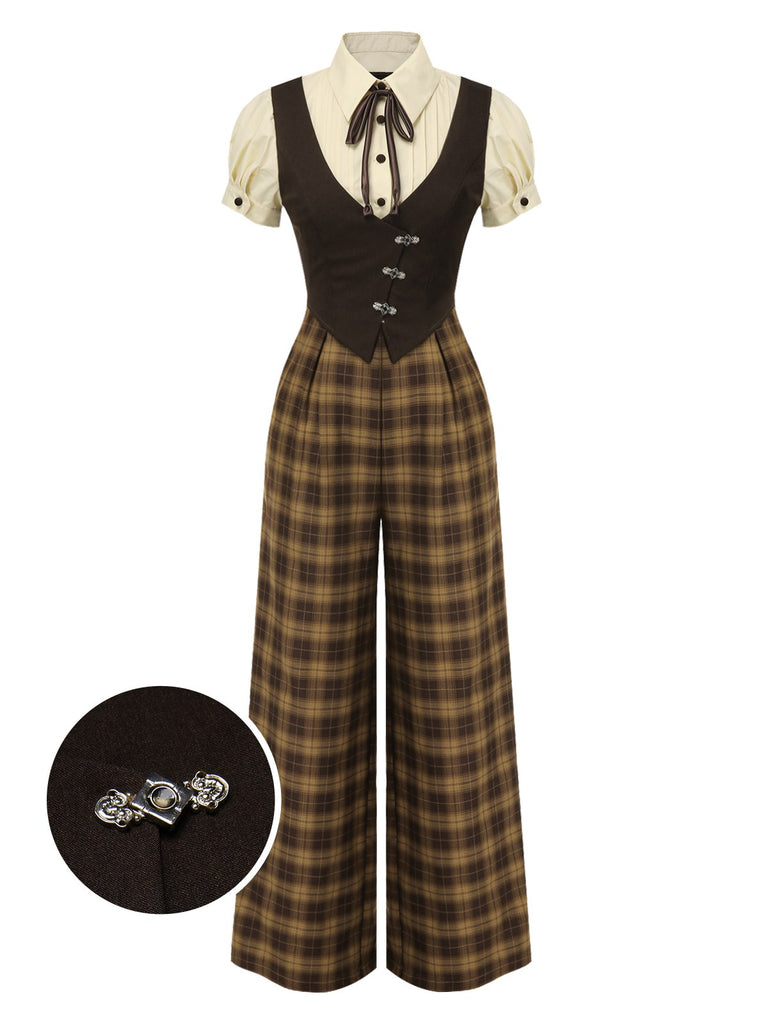 [Pre-Sale] Brown 1930s Fake 3PCS Bow Plaid Jumpsuit
