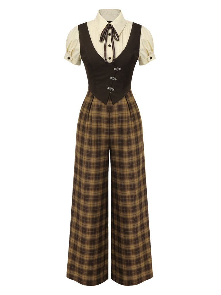 [Pre-Sale] Brown 1930s Fake 3PCS Bow Plaid Jumpsuit