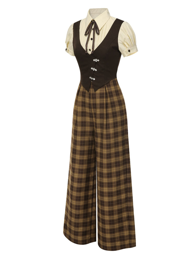 [Pre-Sale] Brown 1930s Fake 3PCS Bow Plaid Jumpsuit