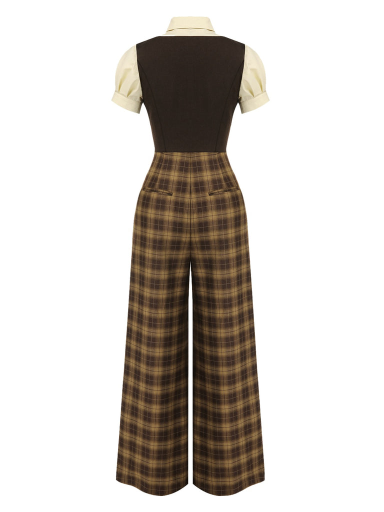 [Pre-Sale] Brown 1930s Fake 3PCS Bow Plaid Jumpsuit