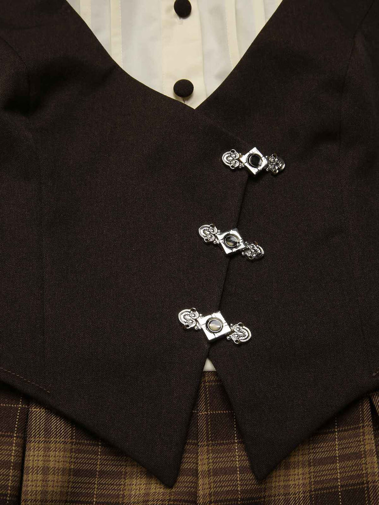 [Pre-Sale] Brown 1930s Fake 3PCS Bow Plaid Jumpsuit