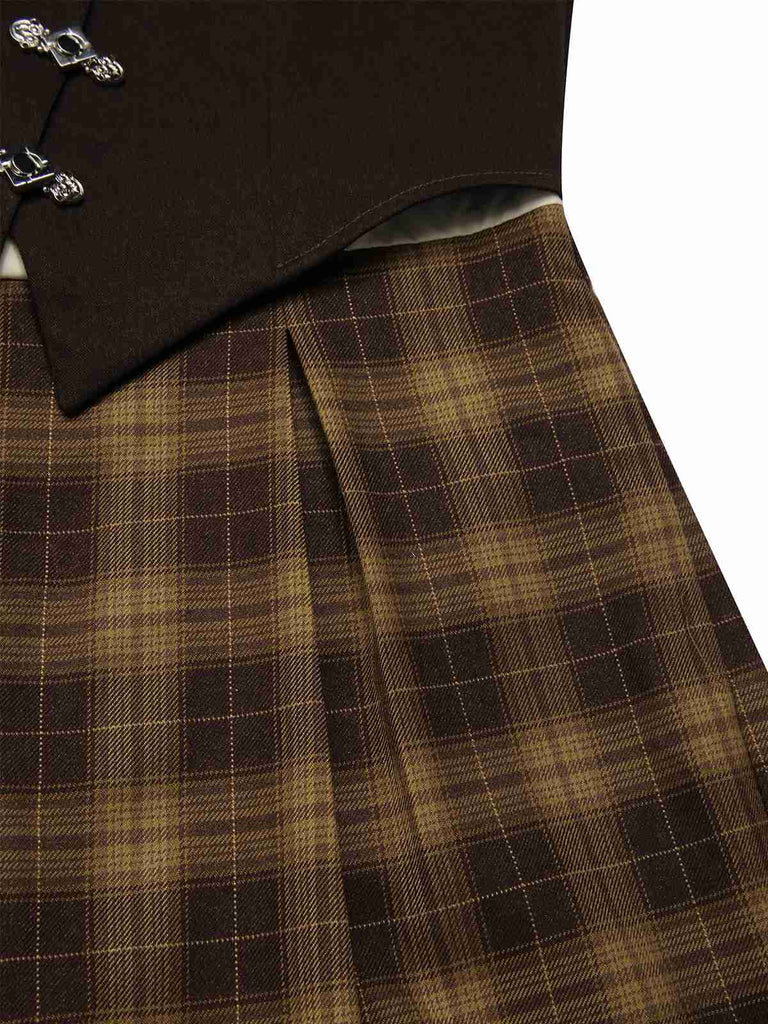 [Pre-Sale] Brown 1930s Fake 3PCS Bow Plaid Jumpsuit