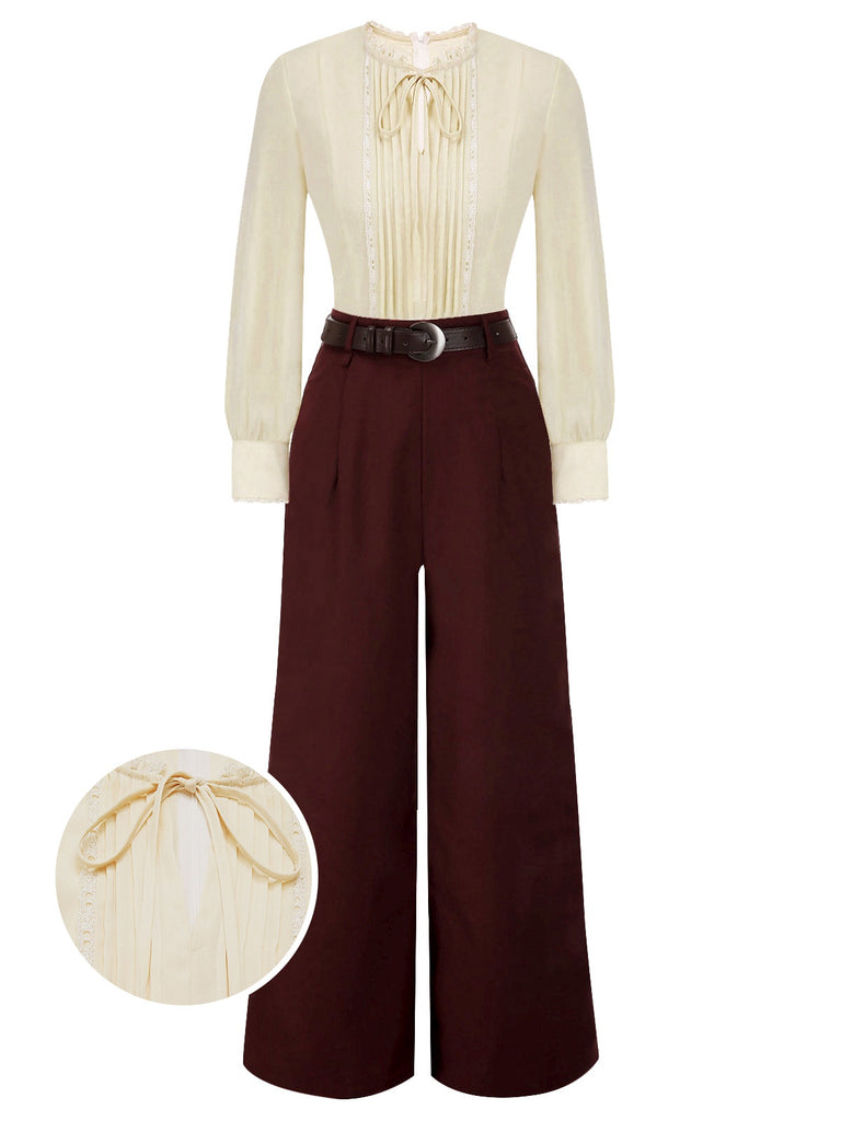 [Pre-Sale] Apricot & Red 1940s Tucked Lace Belted Jumpsuit
