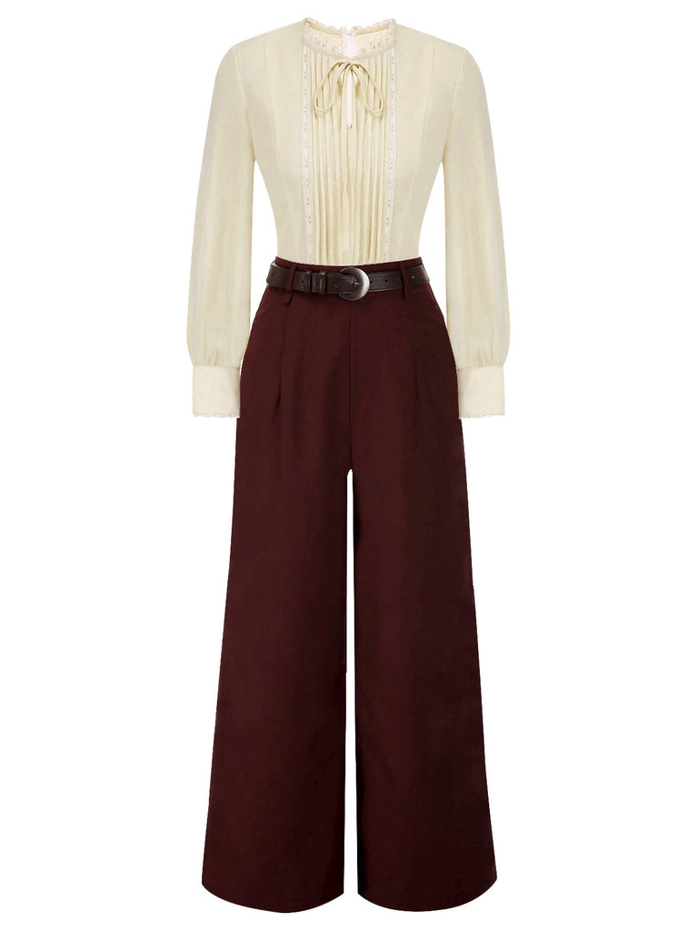 [Pre-Sale] Apricot & Red 1940s Tucked Lace Belted Jumpsuit